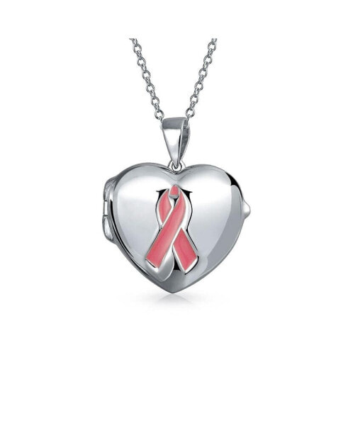 Bling Jewelry personalize Customizable Pink Ribbon Breast Cancer Survivor Necklace Heart Locket For Women For Teen Memorial Momenta Holder Sterling Silver