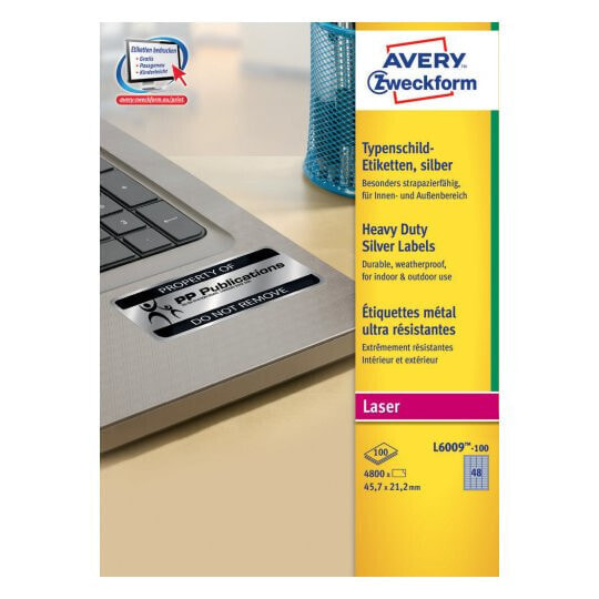 Avery Zweckform Avery L6009-100 - Silver - Rounded rectangle - Permanent - 45.7 x 21.2 mm - A4 - Polyester