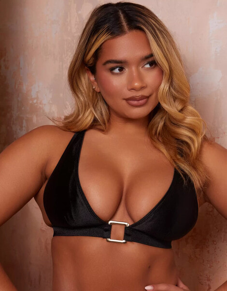 Wolf & Whistle X Natalie Gessey Fuller Bust gold trim detail bikini top in black