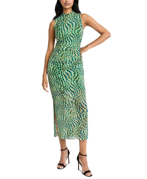 Women's Printed-Mesh Mock-Neck Midi Dress