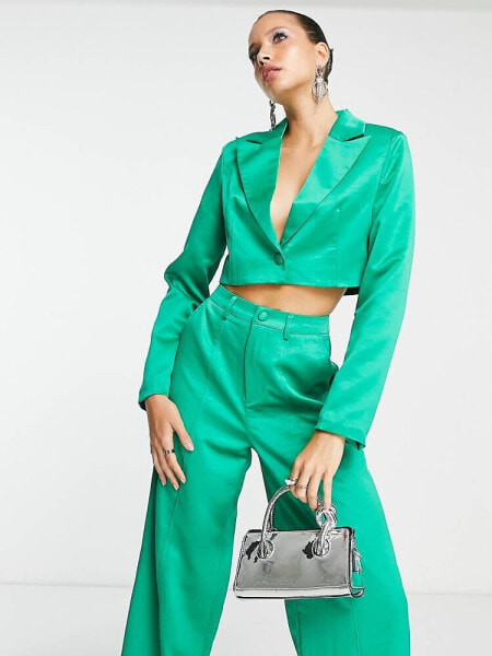 Extro & Vert boxy cropped blazer in emerald satin co-ord