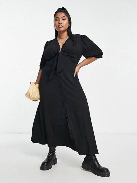 ASOS DESIGN Curve tie front button through midi dress in black