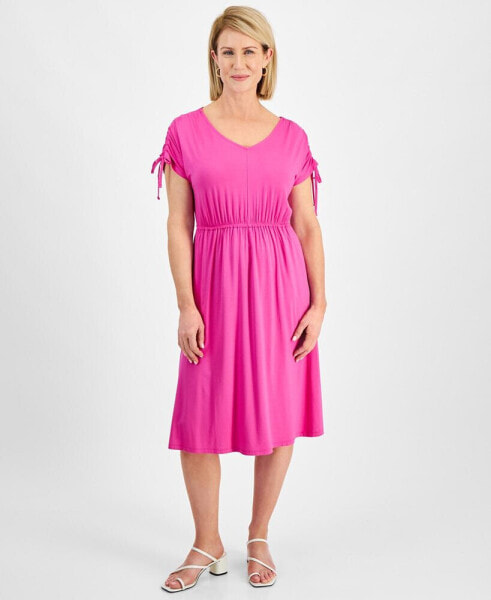 Petite V-Neck Shirred-Sleeve Knit Dress, Created for Macy's