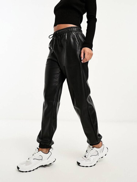 Stradivarius faux leather jogger in black 