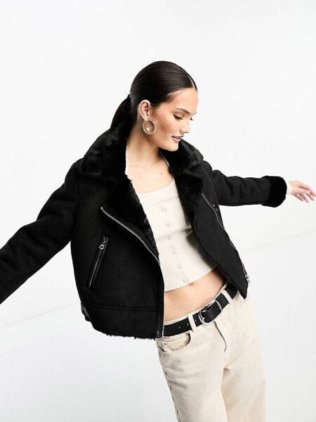 Stradivarius cropped aviator jacket in black