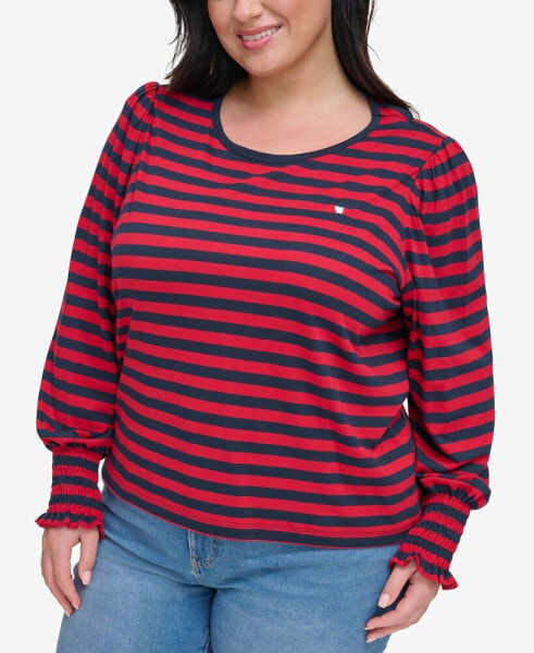 Plus Size Striped Smocked-Cuff Top