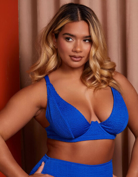 Wolf & Whistle X Natalie Gessey Fuller Bust underwire crinkle bikini top in colbalt blue