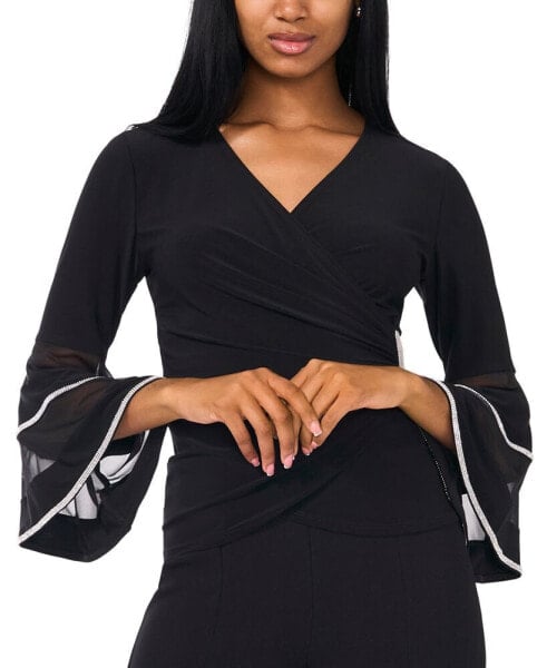 Petite Surplice-Neck Flare-Sleeve Embellished Top