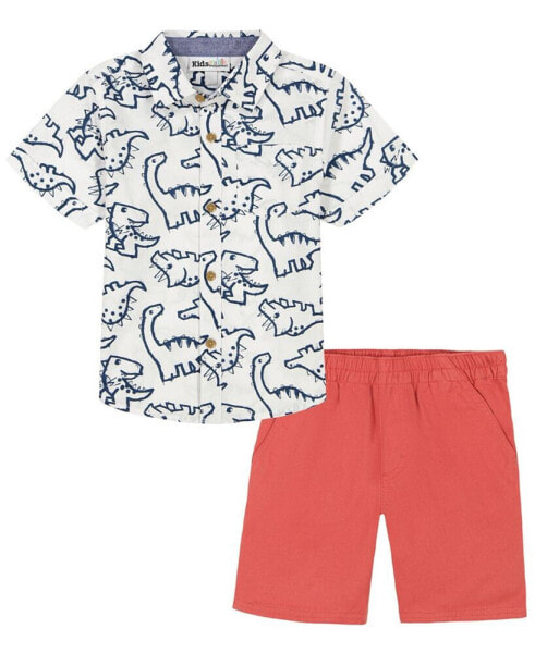 Little Boys Short Sleeve Dinosaur Print Poplin Shirt and Twill Shorts, 2 Piece Set