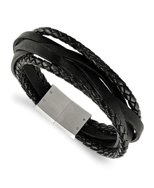 Stainless Steel Brushed Multi Strand Black Leather Bracelet