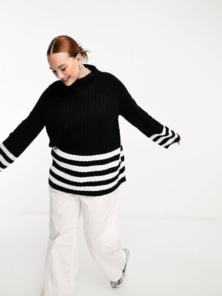 Threadbare Plus Delilah roll neck oversized jumper in stripe