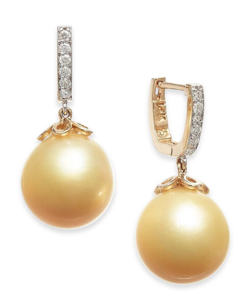 Cultured Golden South Sea Pearl (10mm) & Diamond (1/10 ct. t.w.) Dangle Drop Earrings in 14k Gold