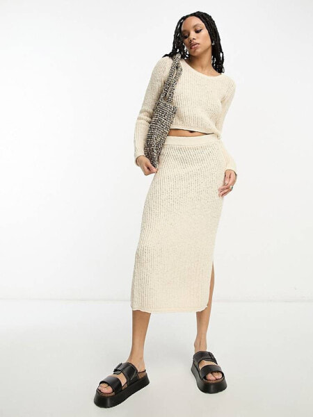 ASOS DESIGN knitted maxi skirt in textured ladder stitch in cream co-ord