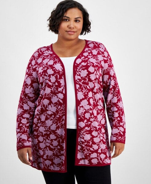 JM Collection Plus Size Botanical-Print Open-Front Cardigan, Created for Macy's