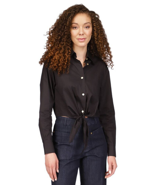 Women's Poplin Tie-Front Button-Down Cotton Shirt, Regular & Petite