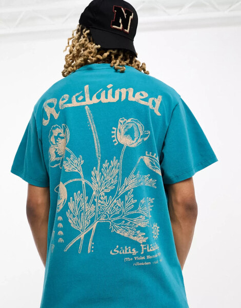 Reclaimed Vintage oversized plant bouquet tee in teal