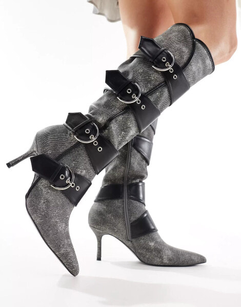 Public Desire Samurai kitten heel knee boots with buckles in black washed denim