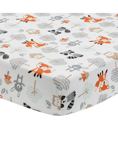 Woodland Friends Fox/Owl/Raccoon Fitted Crib Sheet - White