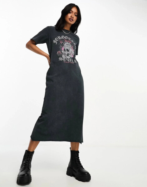 ASOS DESIGN midi t-shirt dress with skull graphic in washed charcoal