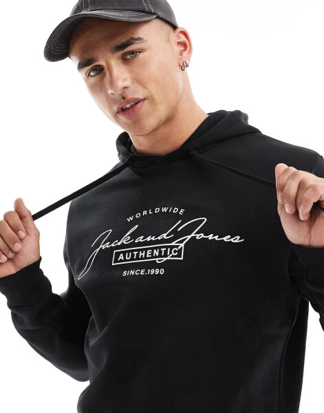 Jack & Jones script logo hoodie in black