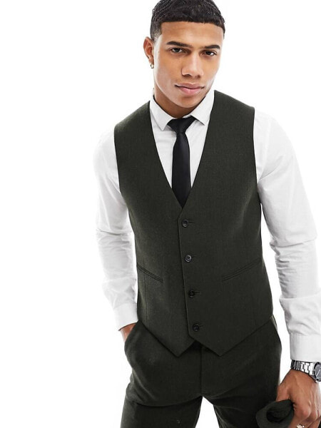 ASOS DESIGN wedding skinny wool mix suit waistcoat in forrest basketweave texture 