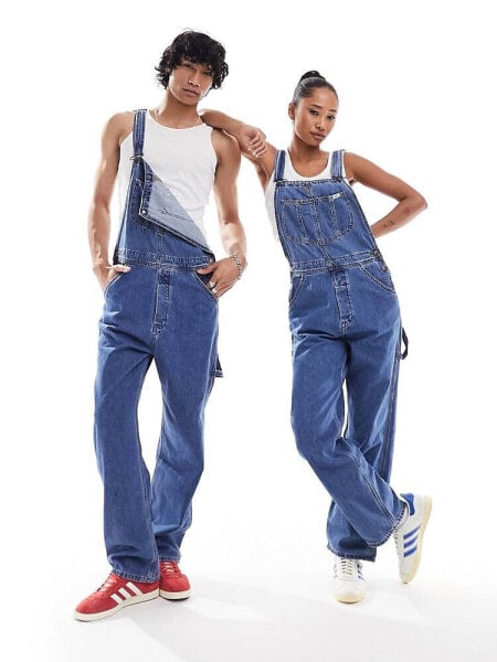 Lee unisex straight bib dungaree jeans  in mid wash