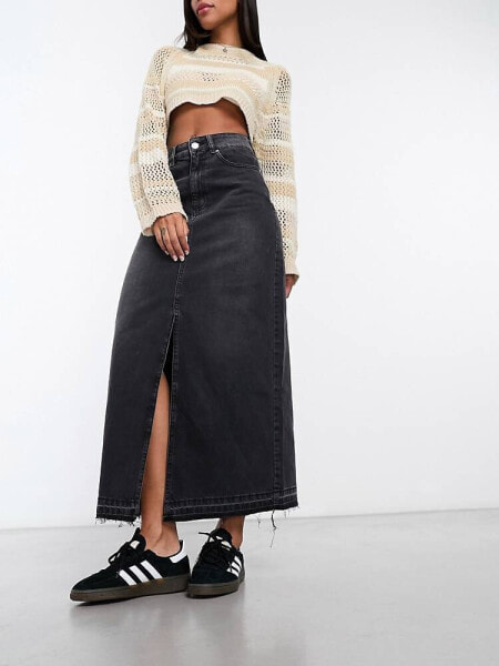 Pimkie denim split front midi skirt in washed black