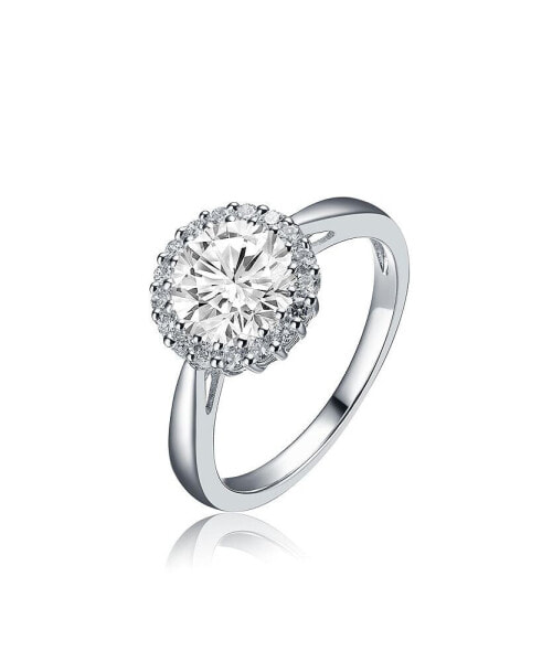 Sterling Silver with Rhodium Plated Halo Round Clear Cubic Zirconia Solitaire Ring