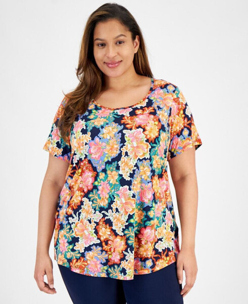 Plus Size Glorious Garden Scoop-Neck Top, Created for Macy's