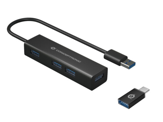 Conceptronic 4-Port USB 3.0 Aluminum Hub with USB-C to USB-A Adapter - USB 3.2 Gen 1 (3.1 Gen 1) Type-A - USB 3.2 Gen 1 (3.1 Gen 1) Type-A - 5000 Mbit/s - Black - China - USB