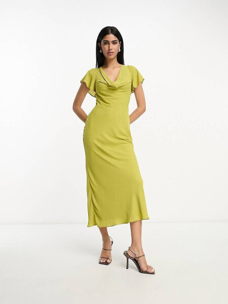 ASOS DESIGN flutter sleeve cowl neck midi dress in olive