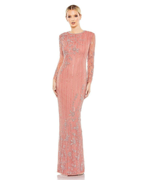 Women's Women's Embellished High Neck Illusion Long Sleeve Gown