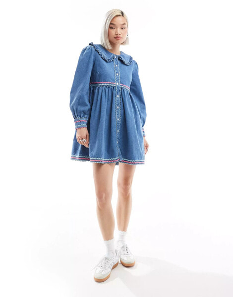 Neon Rose rik-rak detail denim mini smock dress in blue