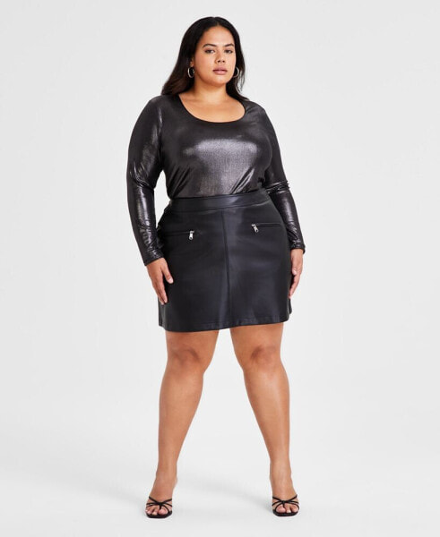 Trendy Plus Size Faux-Leather Zip-Pocket Mini Skirt, Created for Macy's