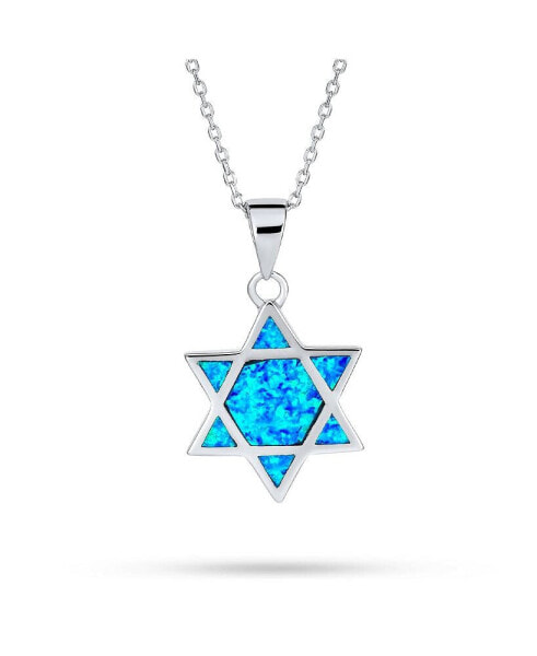 Hanukkah Magen Judaic Blue Created Opal Inlay Star Of David Pendant Necklace For Bat Mitzvah For Women .925 Sterling Silver