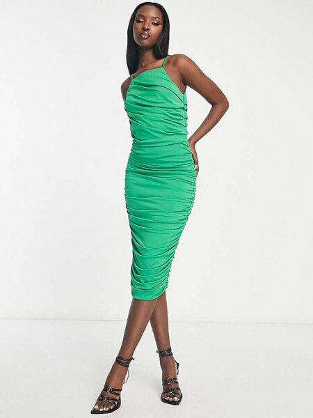 AX Paris ruched cami square neck midi dress in green