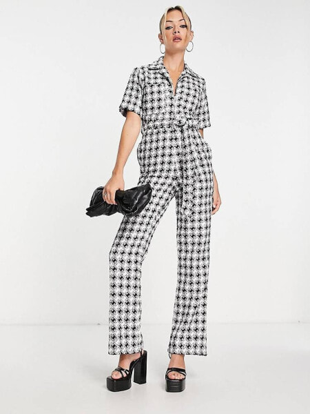 ASOS DESIGN boucle zip front tailored collar jumpsuit in mono check