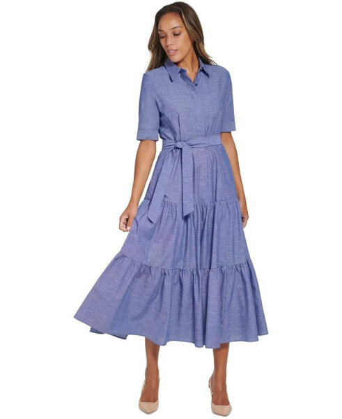 Women's Cotton Tiered Ruffle-Hem Shirtdress