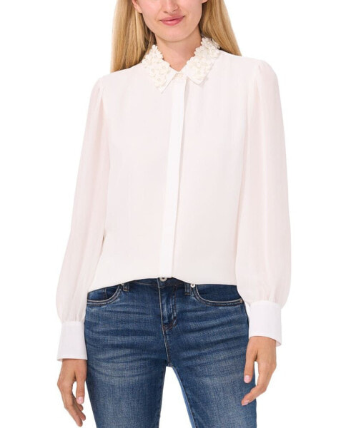 Women's Floral-Appliqué Collared Long-Sleeve Blouse