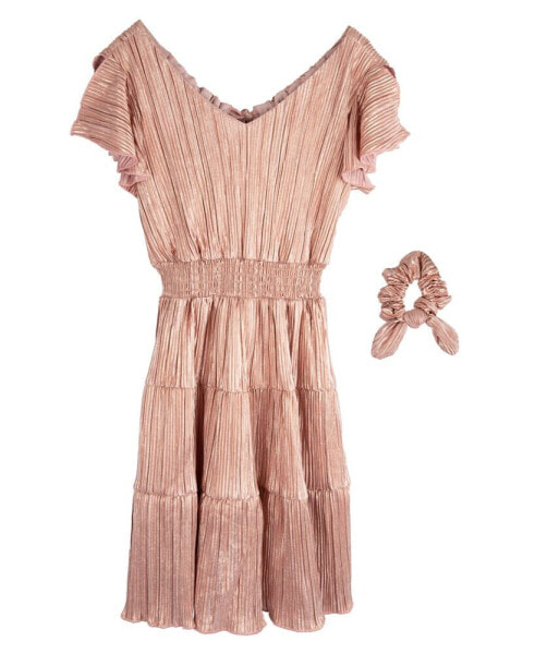 Big Girls Metallic Pleated Flutter Sleeve Dress