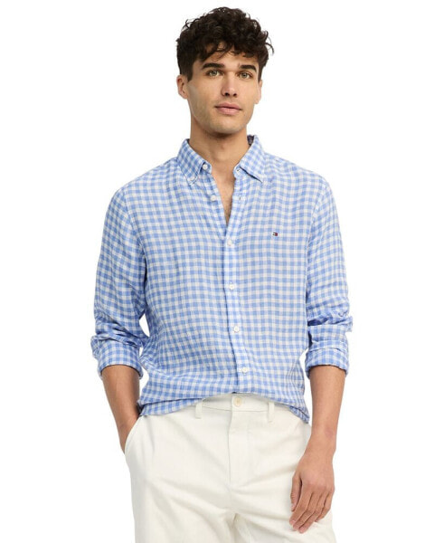 Men's Slim-Fit Gingham Check Button-Down Linen Shirt