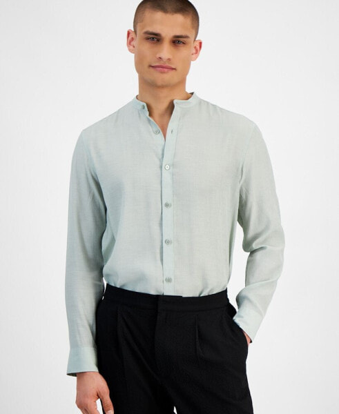 Men's Regular-Fit Crinkled Button-Down Band-Collar Shirt, Created for Macy's