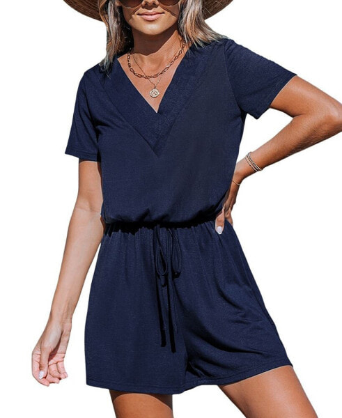 Women's V-Neck Drawstring Jersey Romper