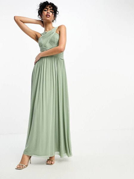 Little Mistress Bridesmaids cross front mesh maxi dress in sage green