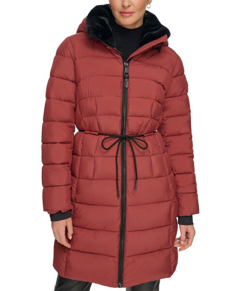 Women's Rope Belted Faux-Fur-Trim Hooded Puffer Coat