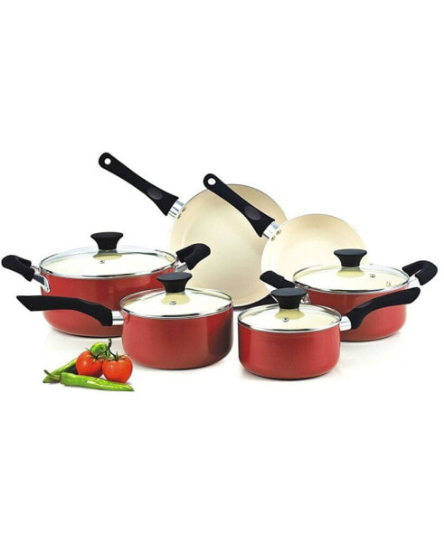 Pots and Pans Set Nonstick, 10-Piece Ceramic Kitchen Cookware Sets, Nonstick Cooking Set with Saucepans, Frying Pans, Dutch Oven Pot with Lids, Red