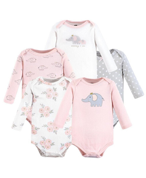 Baby Girls Cotton Long-Sleeve Bodysuits, Pink Gray Elephant 5-Pack