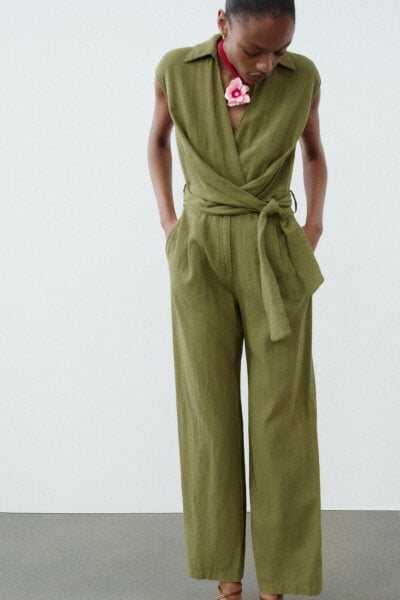 LINEN BLEND KNOTTED WIDE-LEG JUMPSUIT