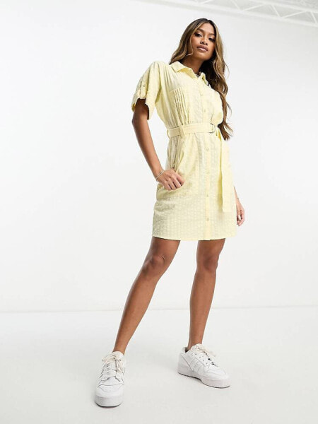 ASOS DESIGN seersucker d ring belted shirt mini dress in yellow 