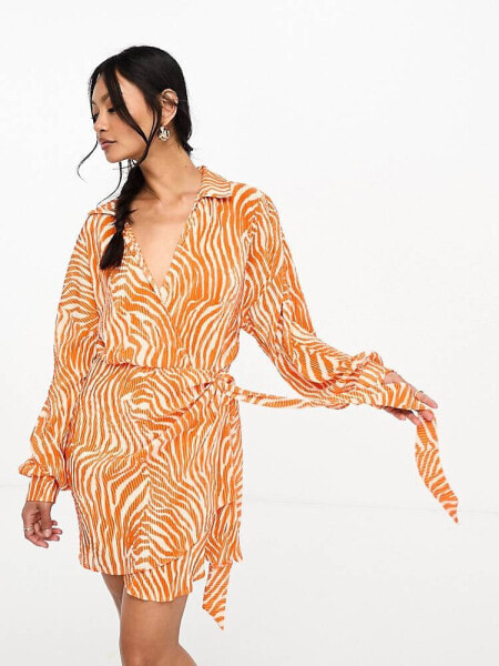 ASOS DESIGN plisse wrap collared mini dress in orange zebra print 